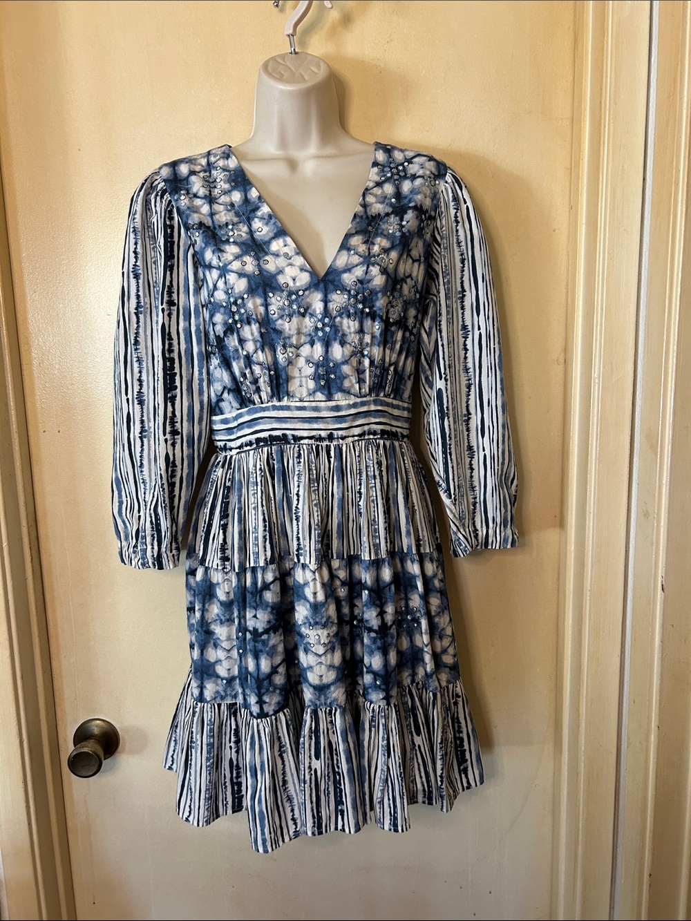 Anthropologie Not So Serious Indigo and White Tie-Dye V-Neck Tiered Dress size S